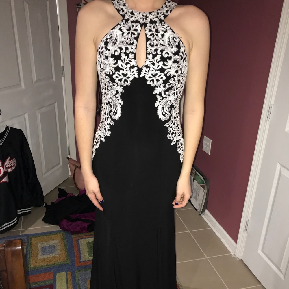 Betsy Adam prom dress black and white